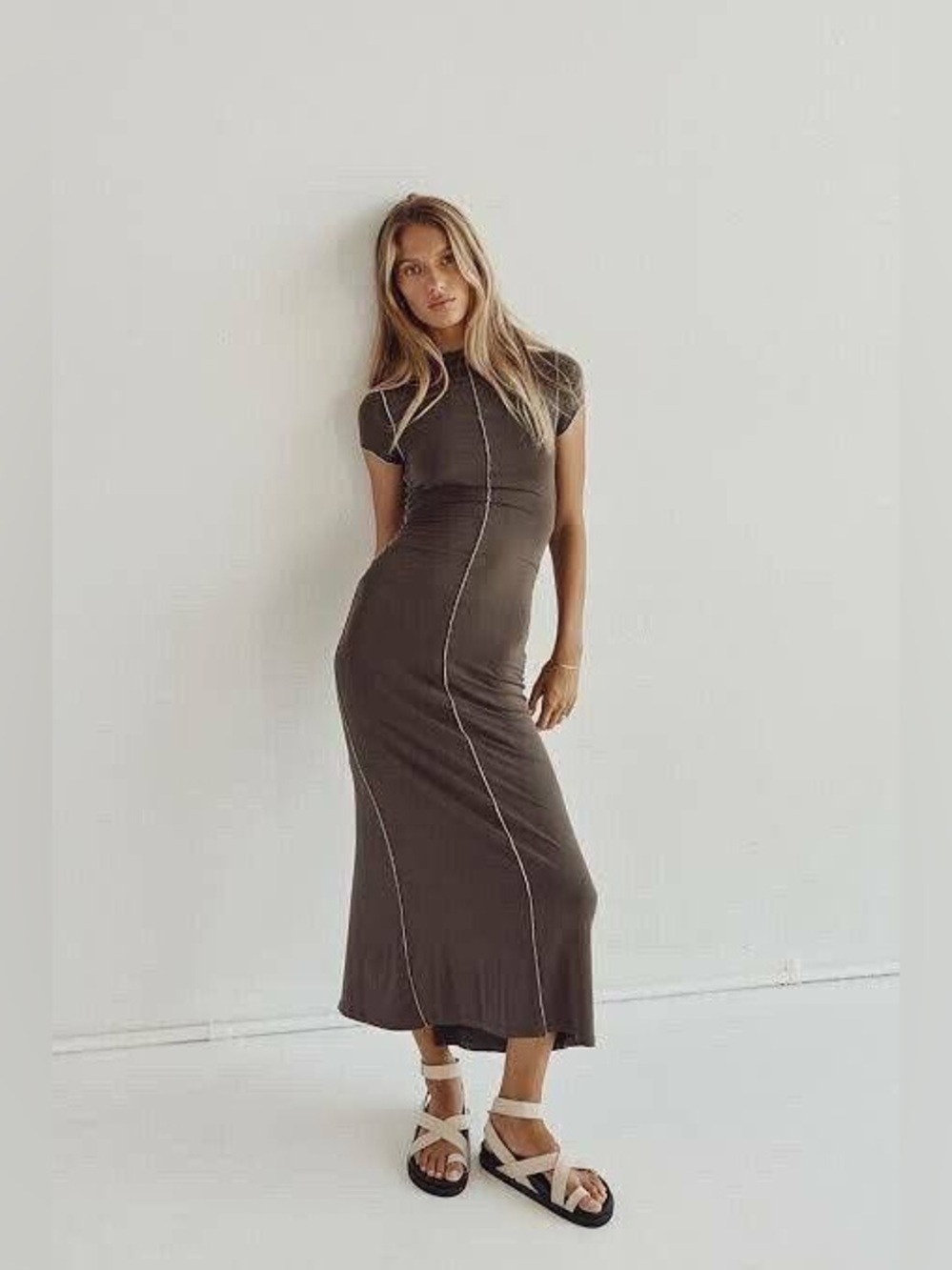 DISSH SoHo Cap Sleeve Midi Dress with Contrast Center Seam Olive Green Size XXL